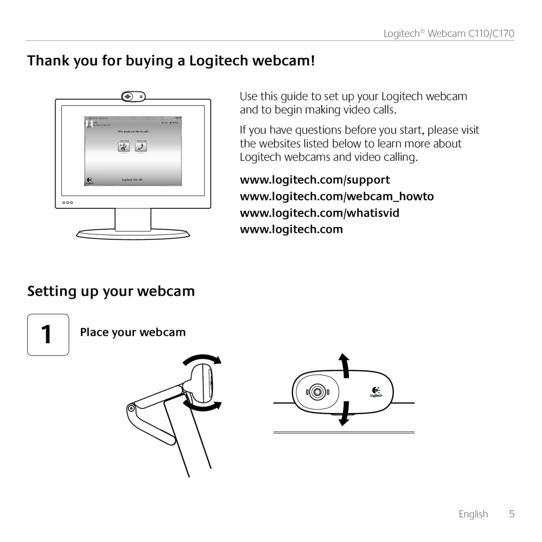 Logitech Thank you for buying a Logitech webcam, Setting up your webcam, Place your webcam, Logitech Webcam C110/C170 