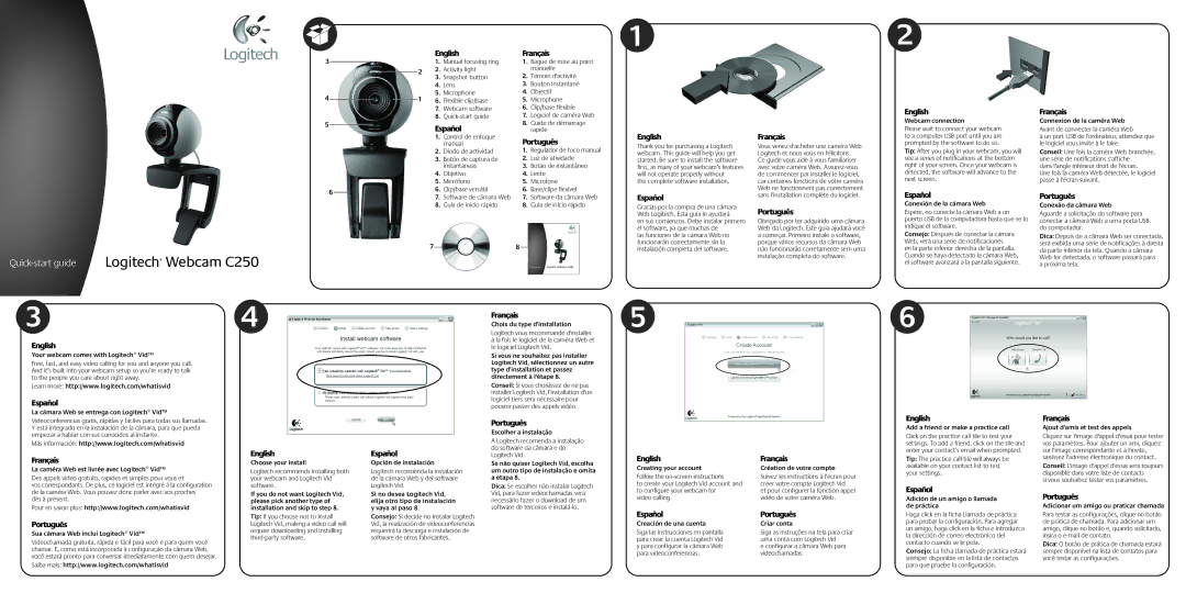 Logitech C250 quick start Activity light, Lens, Microphone, Manuelle, Témoin dactivité, Bouton Instantané, Objectif, Lente 