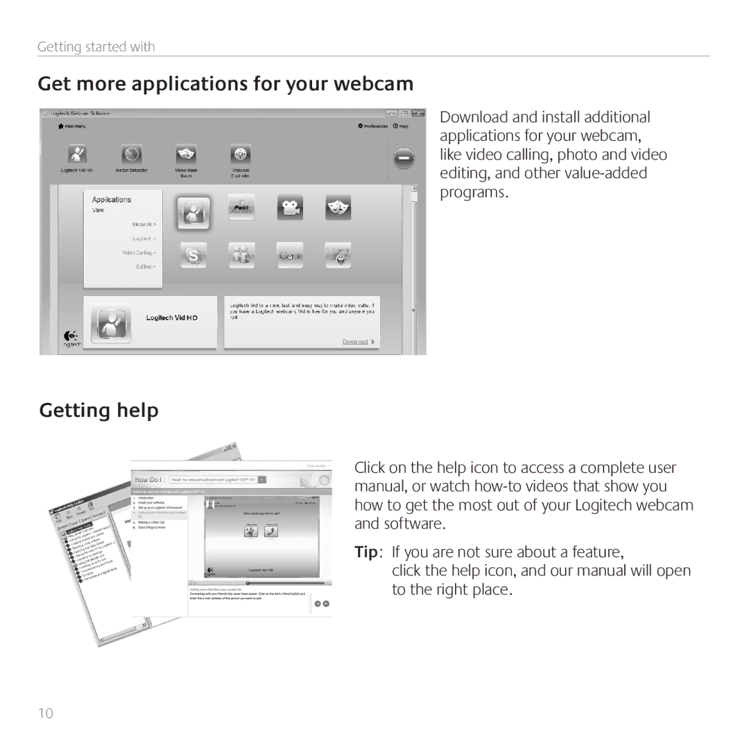 Logitech C260 manual Get more applications for your webcam, Getting help 