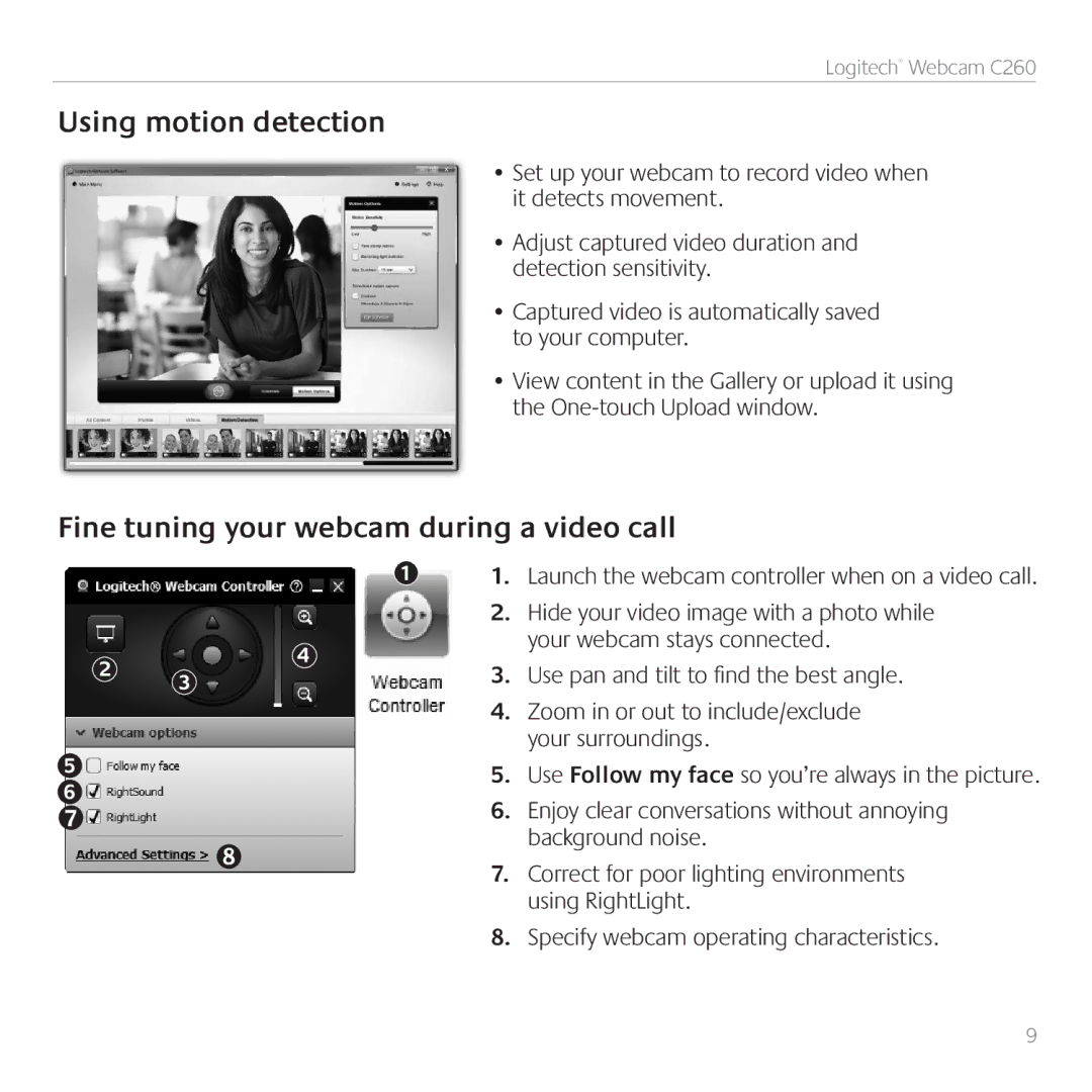 Logitech C260 manual Using motion detection, Fine tuning your webcam during a video call 