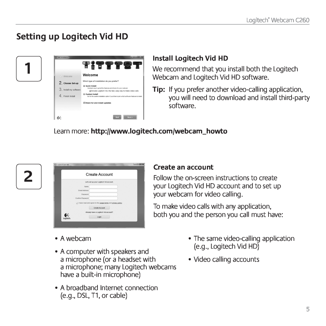Logitech C260 manual Setting up Logitech Vid HD, Install Logitech Vid HD, Create an account 