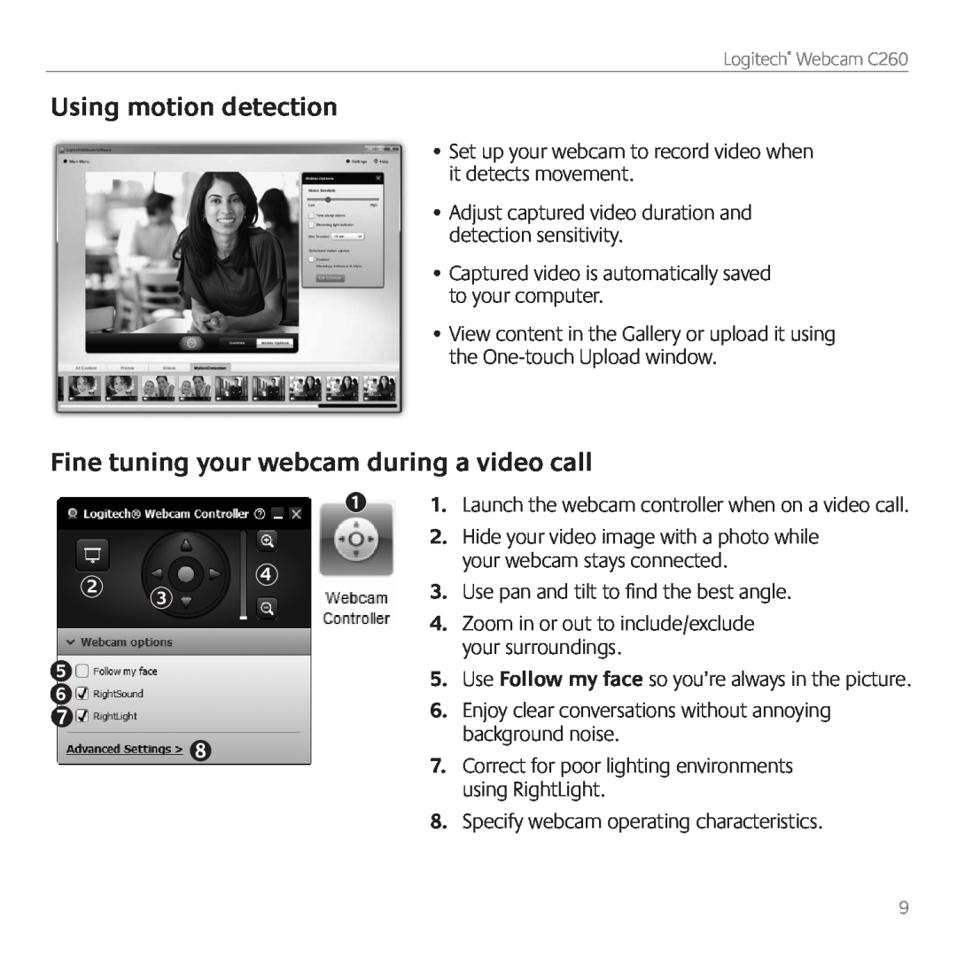 Logitech C260 manual Using motion detection, Fine tuning your webcam during a video call 