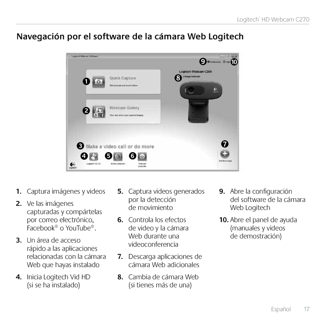 Logitech C270 manual Navegación por el software de la cámara Web Logitech, Captura imágenes y videos, De movimiento 