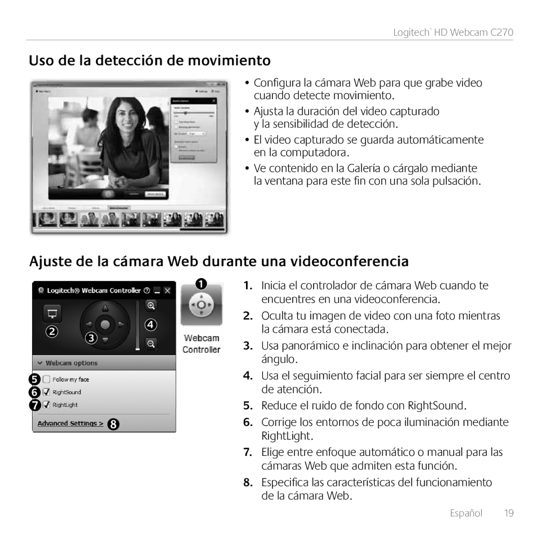 Logitech C270 manual Uso de la detección de movimiento, Ajuste de la cámara Web durante una videoconferencia 