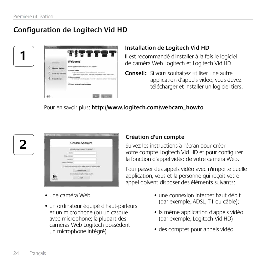 Logitech C270 manual Configuration de Logitech Vid HD, Installation de Logitech Vid HD, Création dun compte 