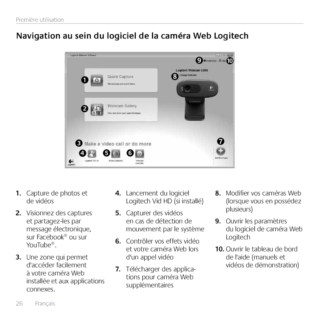 Logitech C270 manual Navigation au sein du logiciel de la caméra Web Logitech, Capture de photos et de vidéos 