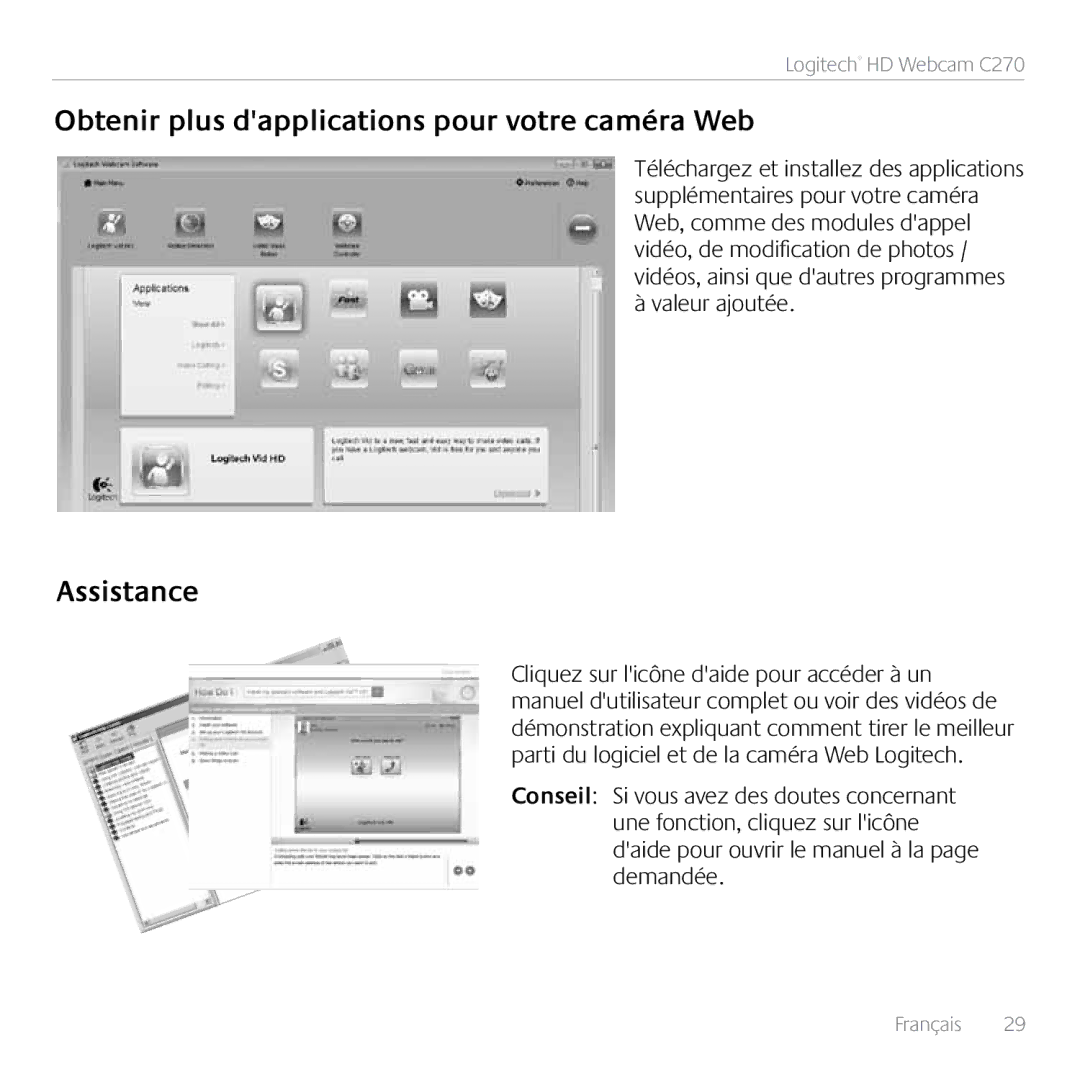 Logitech C270 manual Obtenir plus dapplications pour votre caméra Web, Assistance 