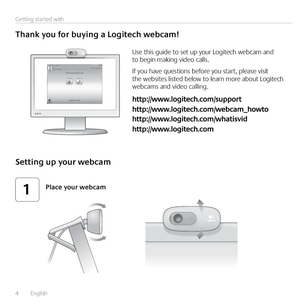 Logitech C270 manual Thank you for buying a Logitech webcam, Setting up your webcam 