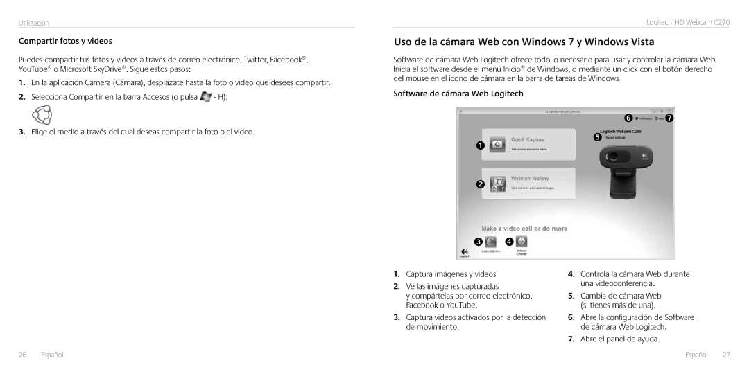 Logitech C270 manual Uso de la cámara Web con Windows 7 y Windows Vista, Compartir fotos y videos, Abre el panel de ayuda 