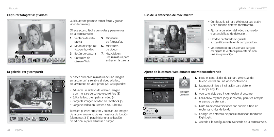 Logitech C270 manual Capturar fotografías y videos, La galería ver y compartir, Uso de la detección de movimiento 