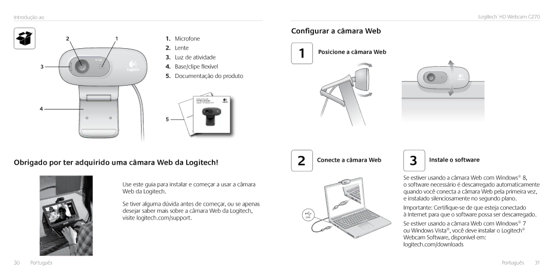 Logitech C270 manual Obrigado por ter adquirido uma câmara Web da Logitech, Configurar a câmara Web 