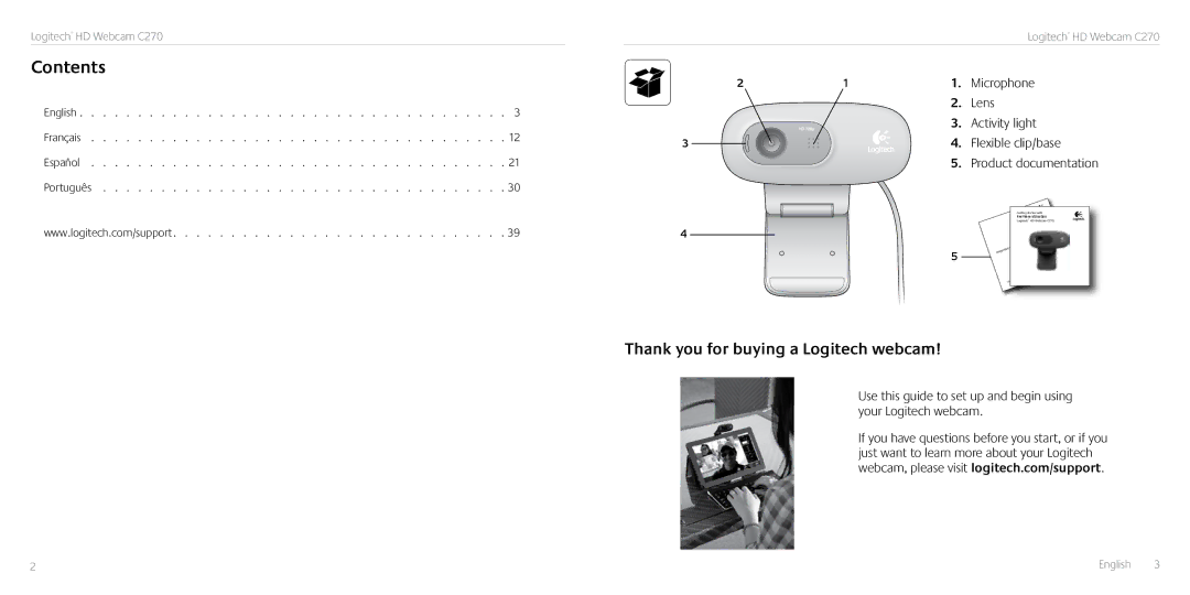 Logitech C270 manual Contents 