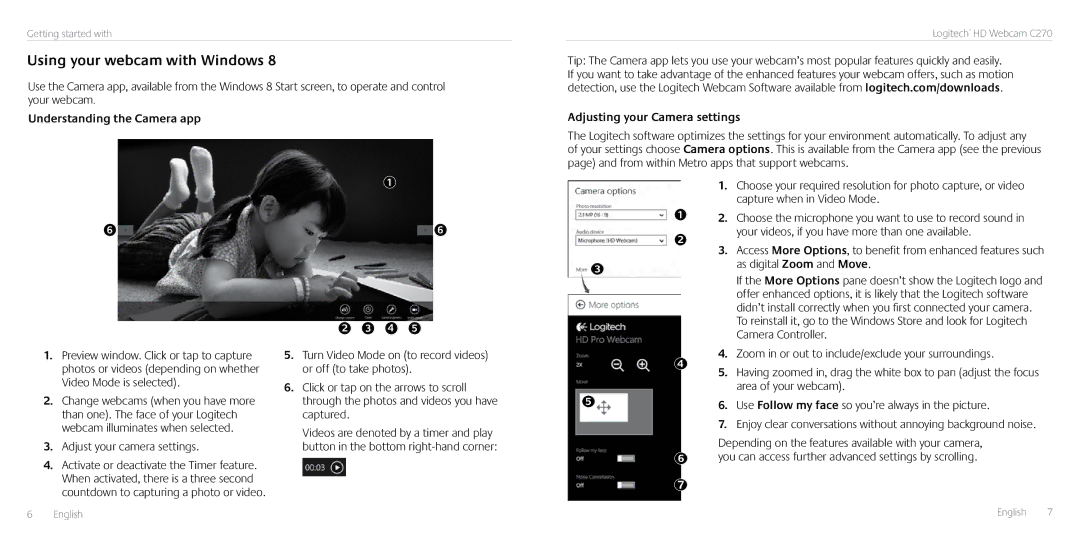 Logitech C270 manual Using your webcam with Windows, Understanding the Camera app, Adjusting your Camera settings 