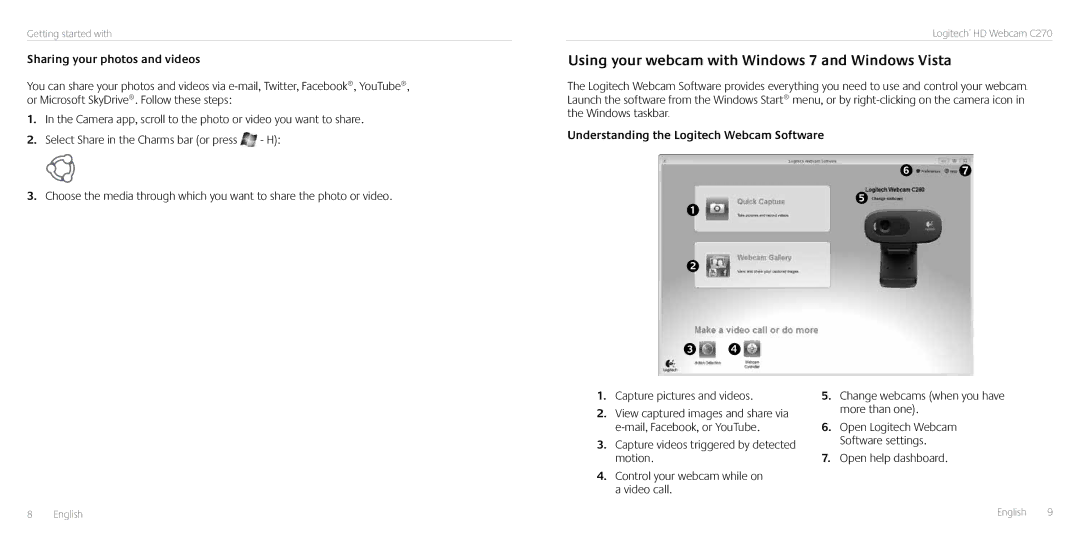 Logitech C270 Using your webcam with Windows 7 and Windows Vista, Sharing your photos and videos, Open help dashboard 