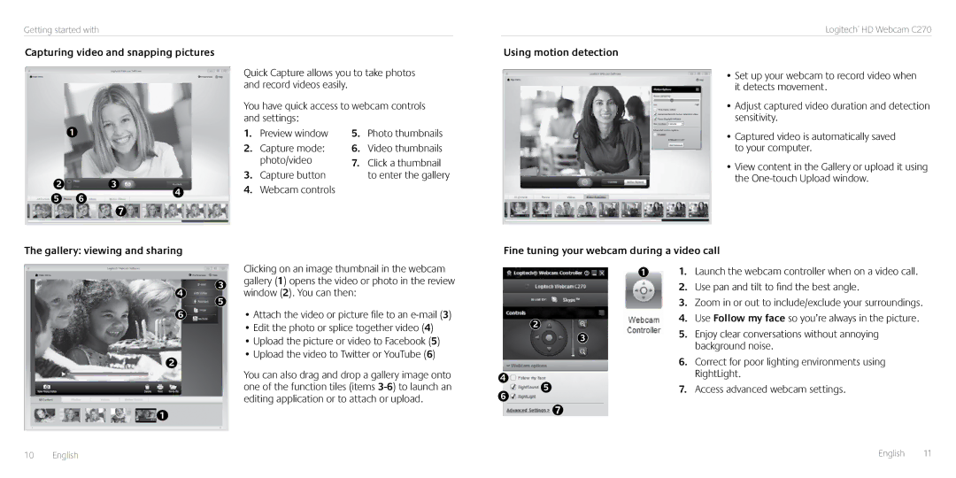 Logitech C270 Capturing video and snapping pictures, Webcam controls, Gallery viewing and sharing, Using motion detection 