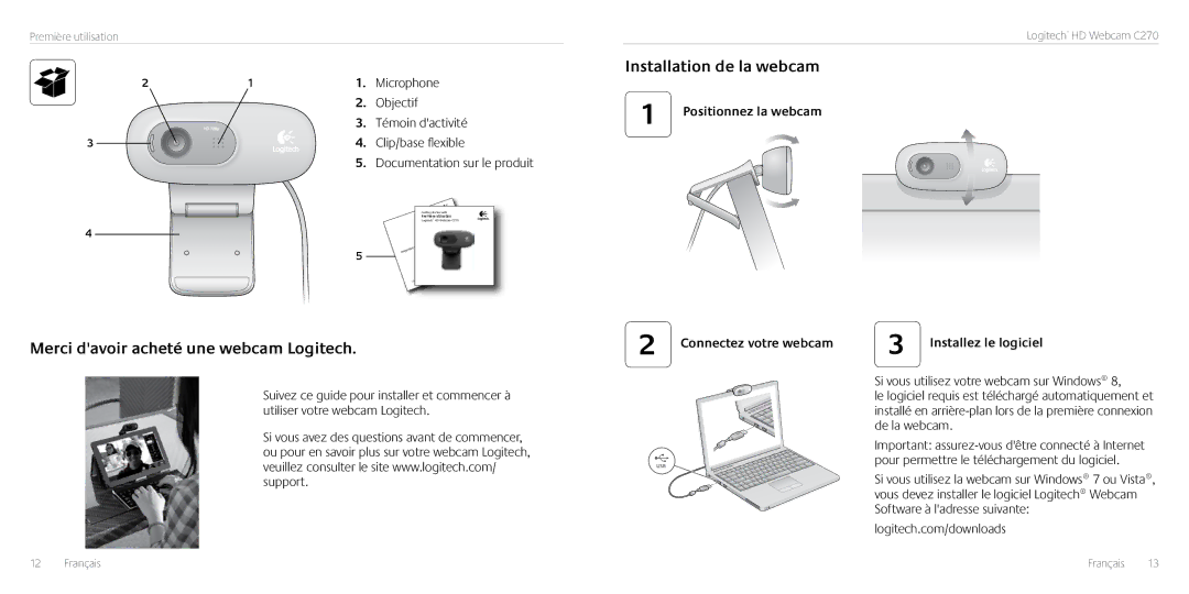 Logitech C270 manual Merci davoir acheté une webcam Logitech, Installation de la webcam 