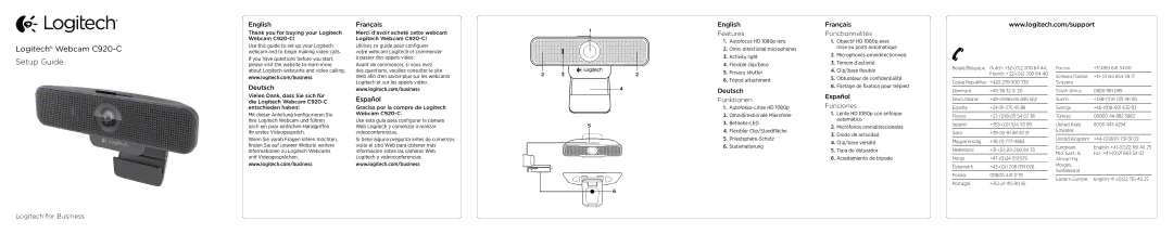 Logitech 960-000945 setup guide English, Features, Français Fonctionnalités, Logitech for Business, Deutsch, Español 