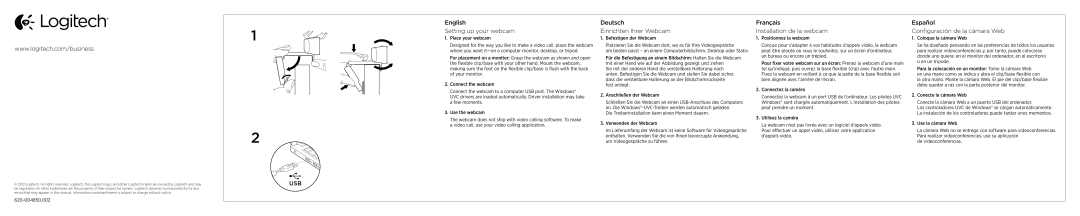 Logitech C290-C English Setting up your webcam, Deutsch Einrichten Ihrer Webcam, Français Installation de la webcam 