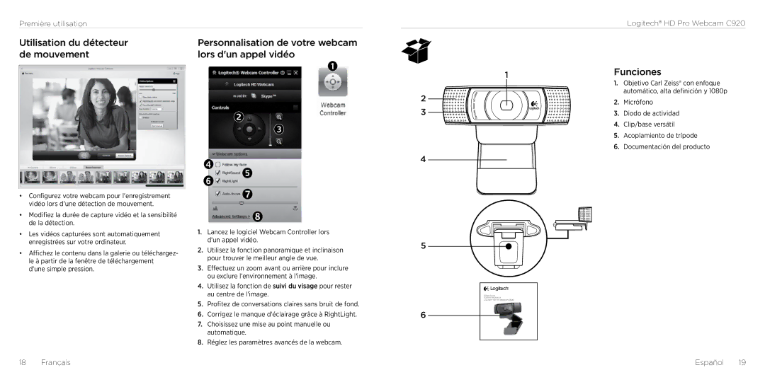 Logitech C290 manual 1Funciones, Français Español 19 