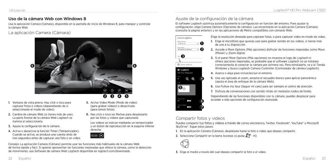 Logitech C290 manual Uso de la cámara Web con Windows, La aplicación Camera Cámara, Ajuste de la configuración de la cámara 