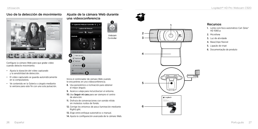 Logitech C290 manual 1Recursos, Español Português 27 