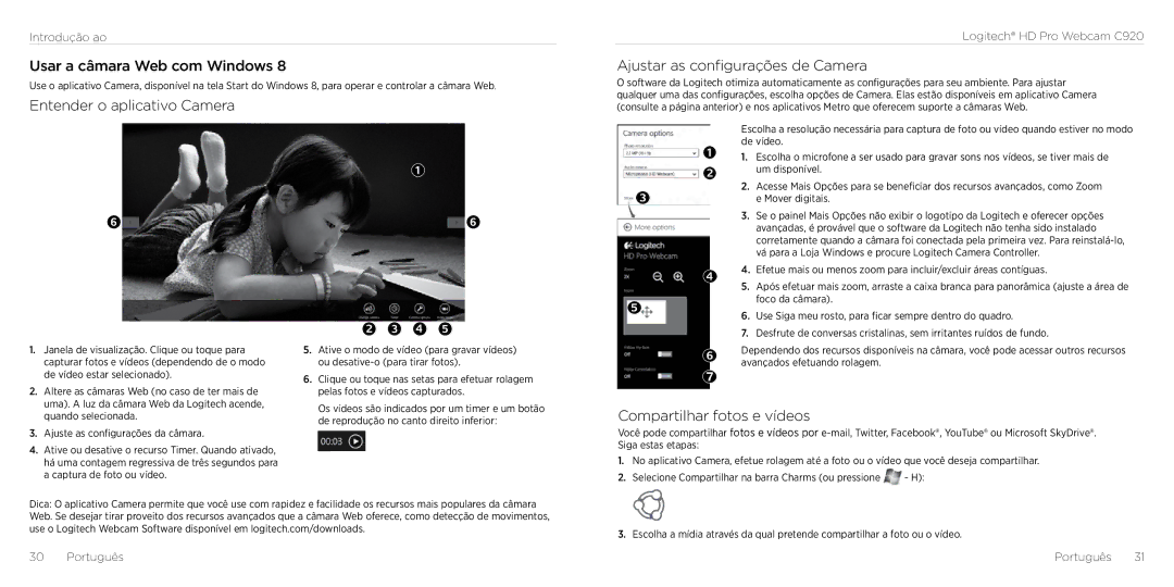 Logitech C290 manual Usar a câmara Web com Windows, Entender o aplicativo Camera, Ajustar as configurações de Camera 