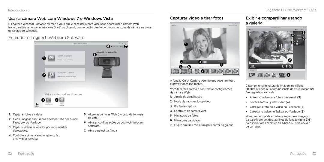 Logitech C290 manual Usar a câmara Web com Windows 7 e Windows Vista, Entender o Logitech Webcam Software 