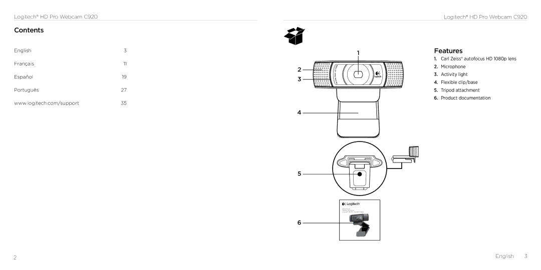 Logitech C290 manual Contents, 1Features, Logitech HD Pro Webcam C920, English 3 