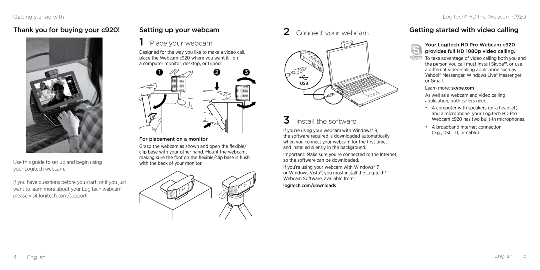 Logitech C290 manual Thank you for buying your c920, Setting up your webcam Place your webcam,  Connect your webcam 