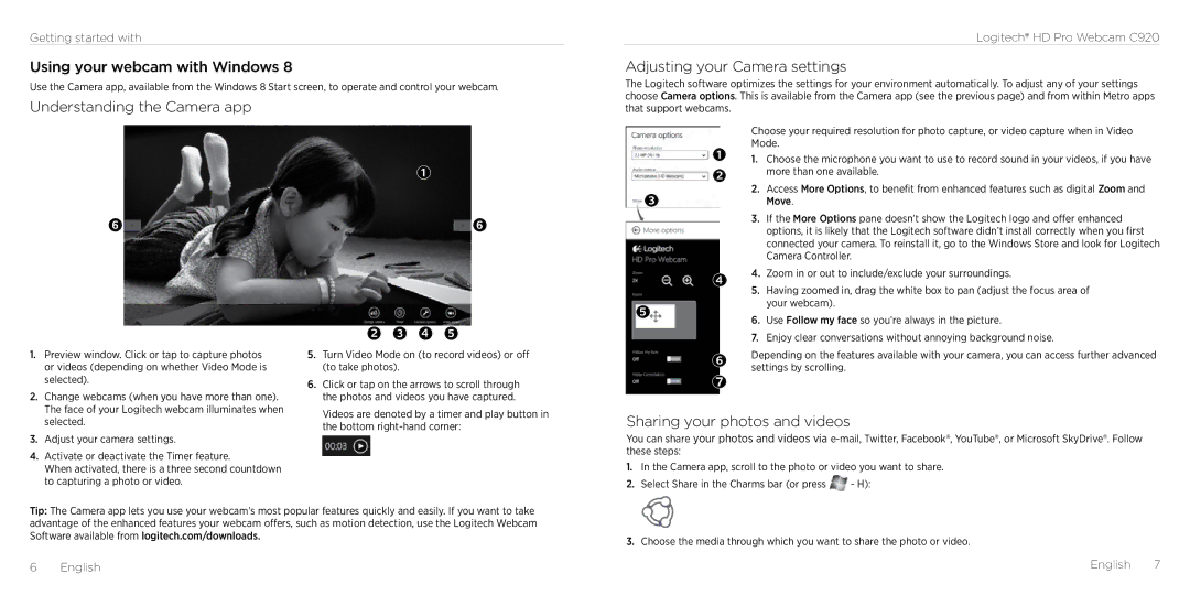 Logitech C290 manual Using your webcam with Windows, Understanding the Camera app, Adjusting your Camera settings 