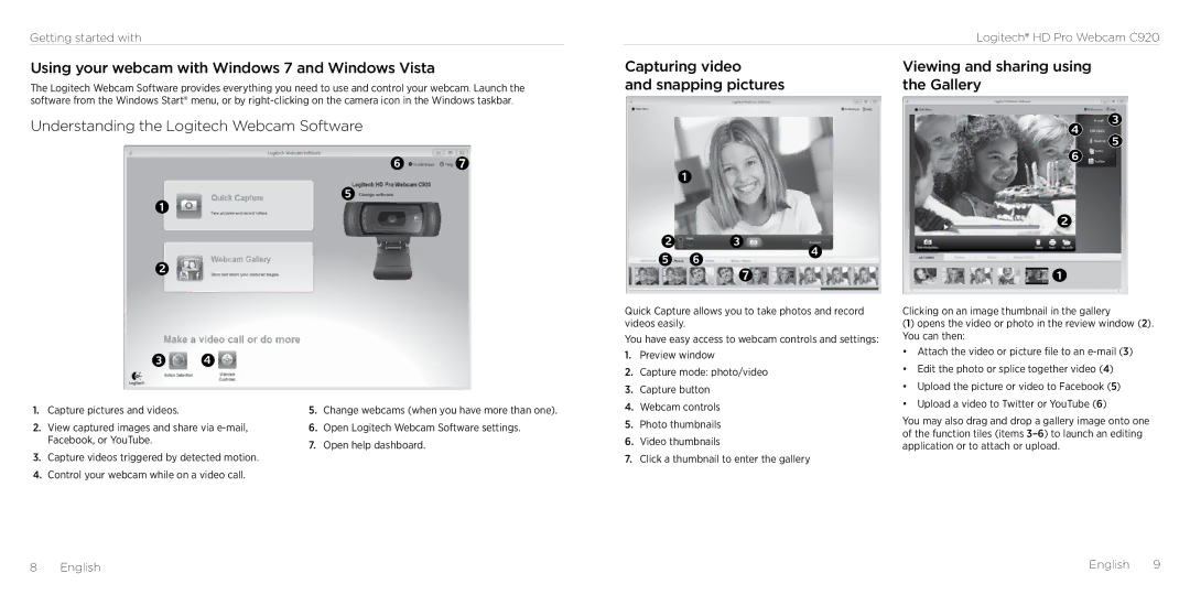 Logitech C290 manual Using your webcam with Windows 7 and Windows Vista, Understanding the Logitech Webcam Software 