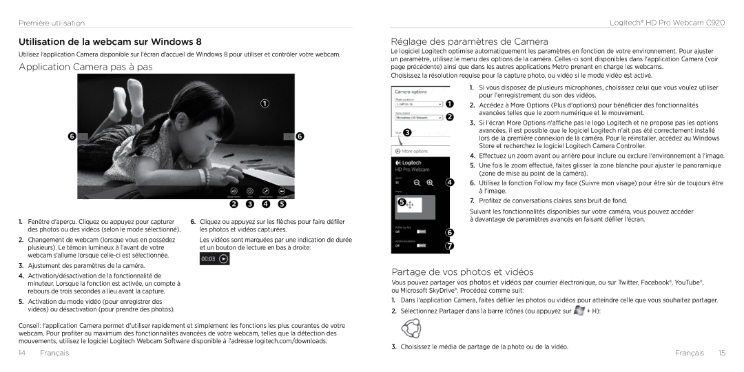 Logitech C290 manual Utilisation de la webcam sur Windows, Application Camera pas à pas, Réglage des paramètres de Camera 