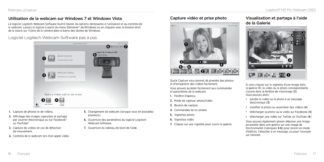 Logitech C290 manual Utilisation de la webcam sur Windows 7 et Windows Vista, Logiciel Logitech Webcam Software pas à pas 