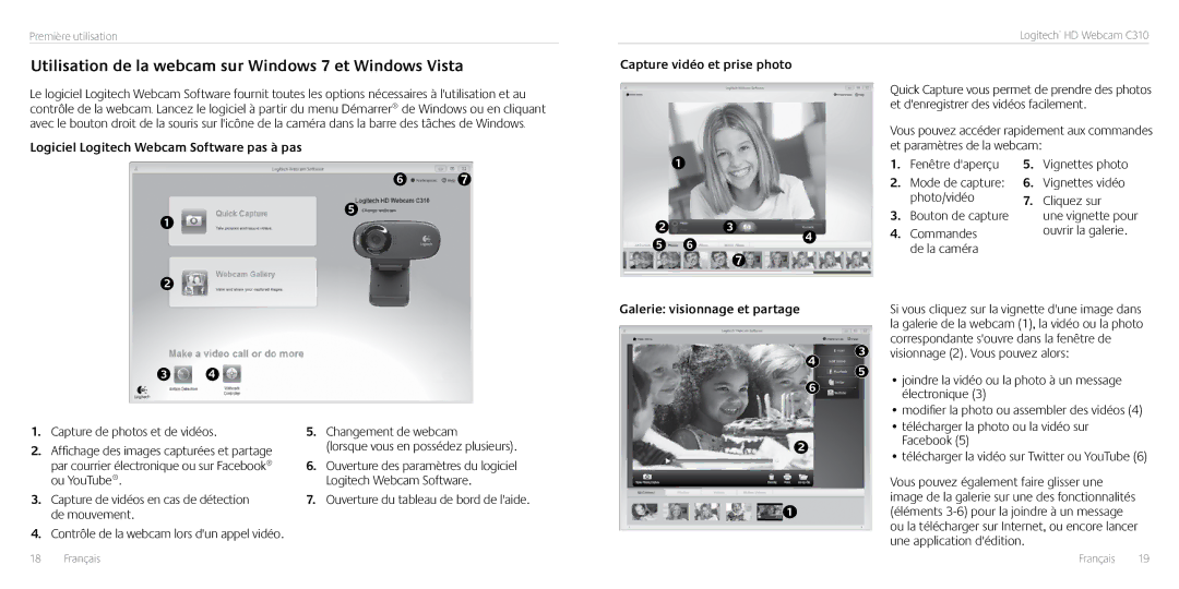 Logitech C310 manual Utilisation de la webcam sur Windows 7 et Windows Vista, Logiciel Logitech Webcam Software pas à pas 