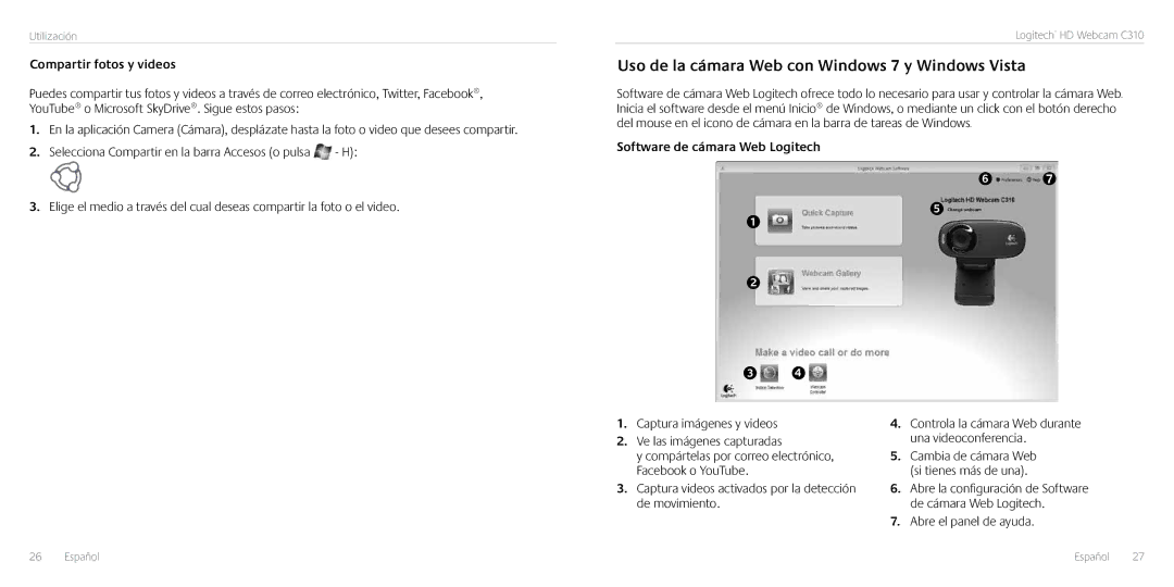 Logitech C310 manual Uso de la cámara Web con Windows 7 y Windows Vista, Compartir fotos y videos, Abre el panel de ayuda 