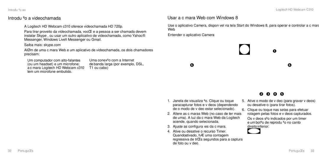 Logitech C310 manual Introdução a videochamada, Usar a câmara Web com Windows, Entender o aplicativo Camera, Precisam 