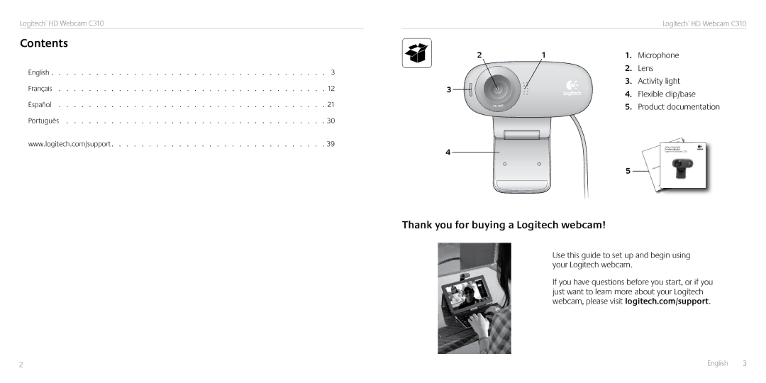 Logitech C310 manual Contents 