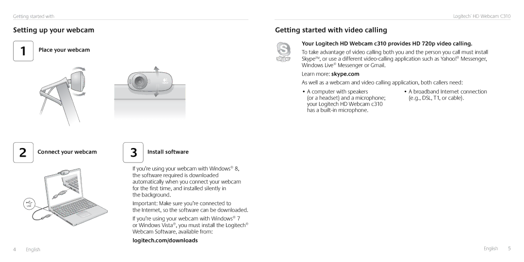 Logitech C310 manual Setting up your webcam, Getting started with video calling, Connect your webcam 