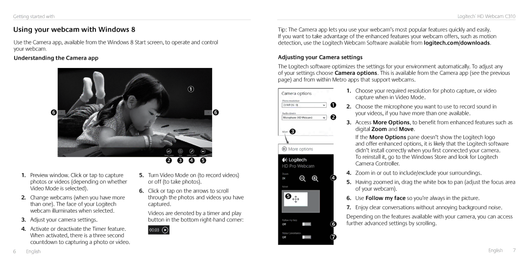 Logitech C310 manual Using your webcam with Windows, Understanding the Camera app, Adjusting your Camera settings 