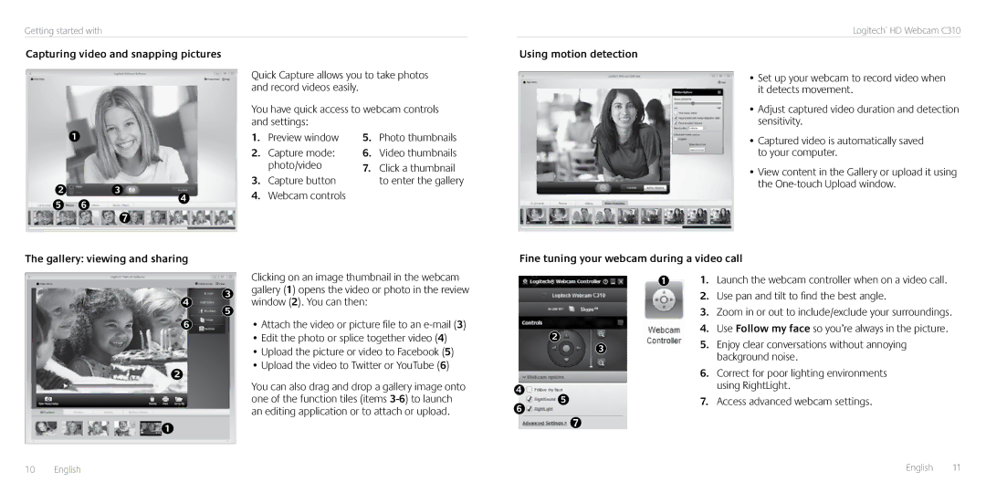 Logitech C310 Capturing video and snapping pictures, Webcam controls, Gallery viewing and sharing, Using motion detection 