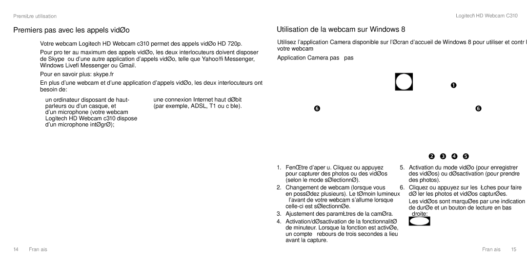 Logitech C310 manual Premiers pas avec les appels vidéo, Utilisation de la webcam sur Windows, Application Camera pas à pas 