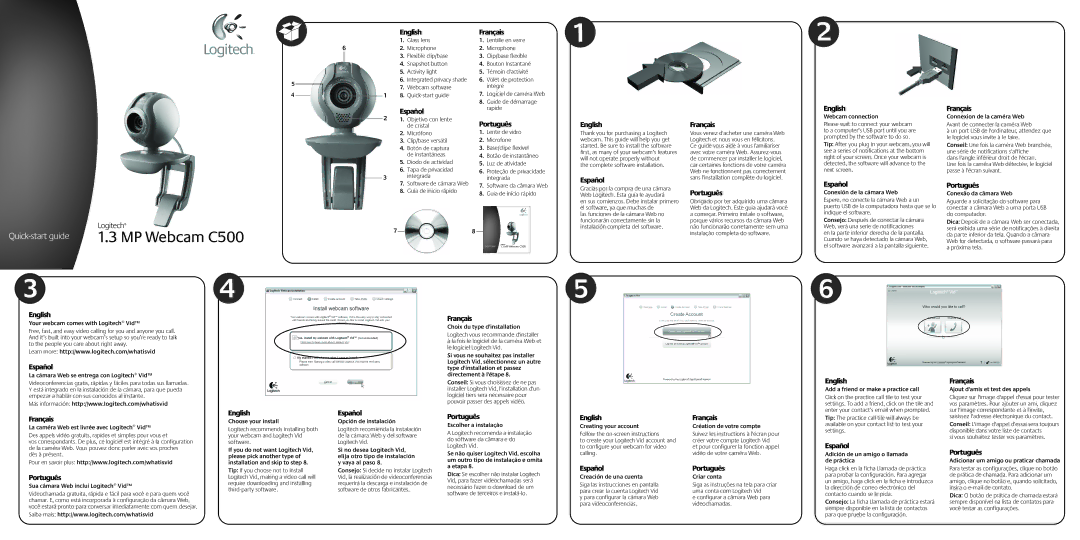 Logitech C500 quick start Volet de protection, Webcam software Intégré Quick-start guide, Guide de démarrage, Integrada 