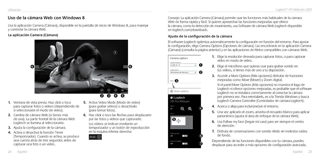 Logitech C525 manual Uso de la cámara Web con Windows, La aplicación Camera Cámara, Ajuste de la configuración de la cámara 