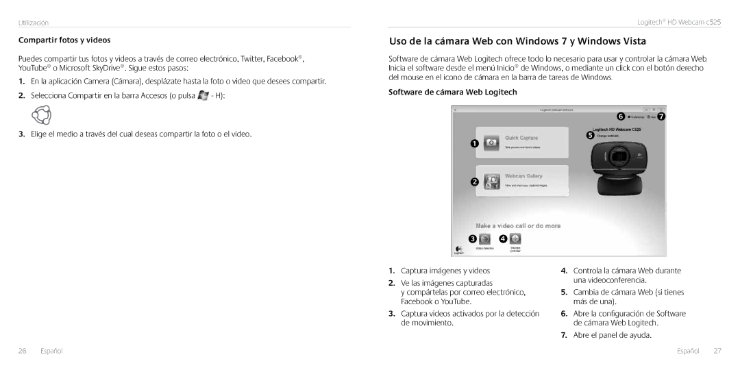 Logitech C525 manual Uso de la cámara Web con Windows 7 y Windows Vista, Compartir fotos y videos, Abre el panel de ayuda 