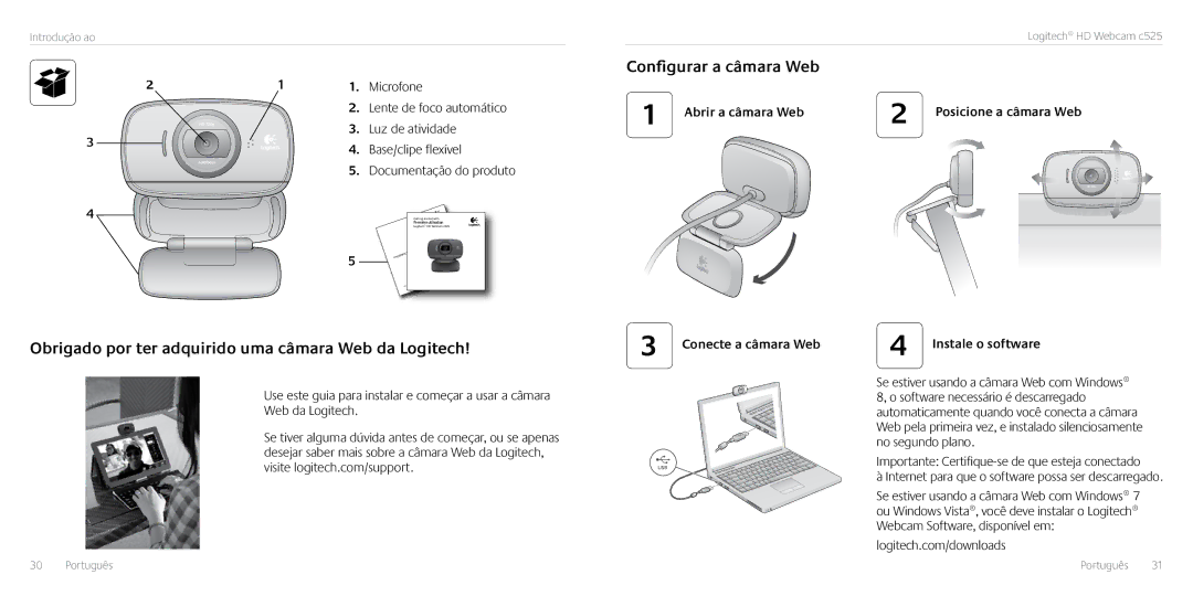 Logitech C525 Obrigado por ter adquirido uma câmara Web da Logitech, Microfone, Luz de atividade, Base/clipe flexível 