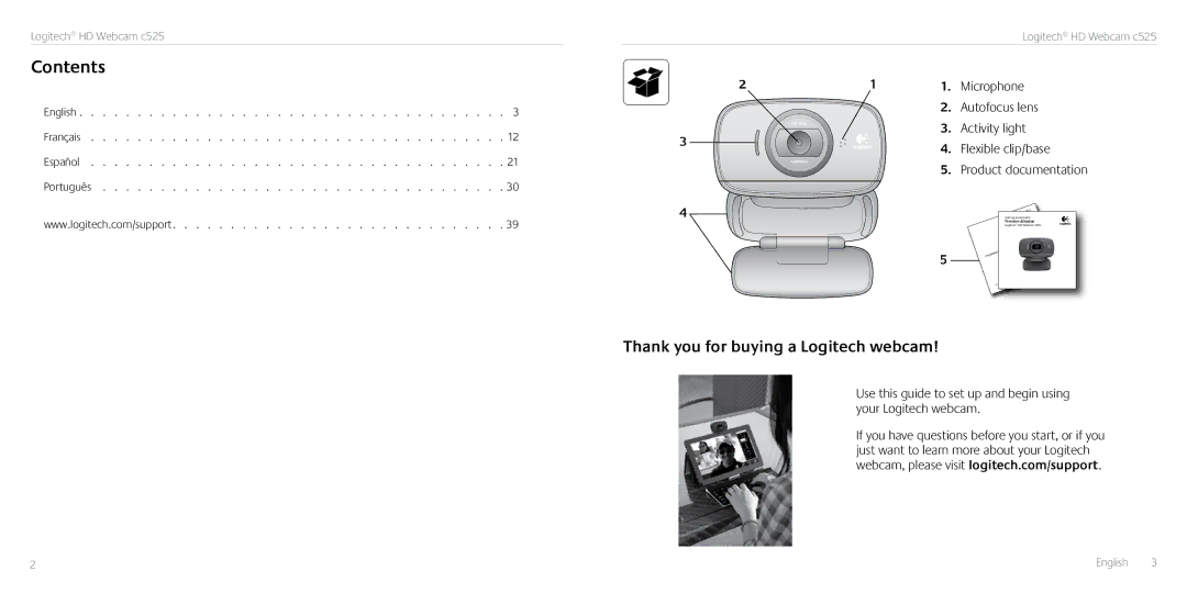 Logitech C525 manual Contents 