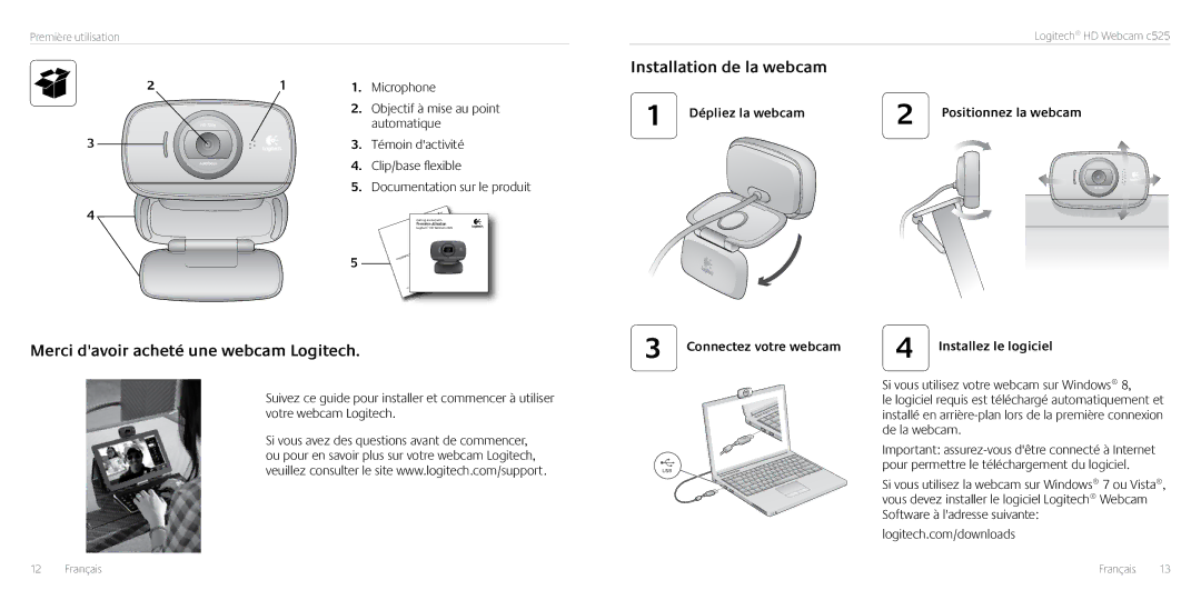 Logitech C525 manual Merci davoir acheté une webcam Logitech, Installation de la webcam 