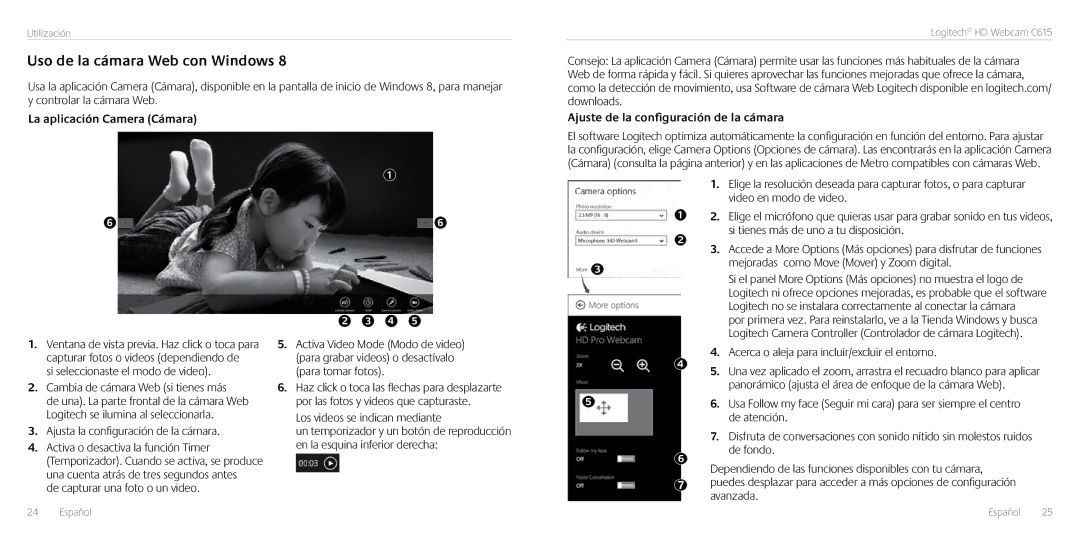 Logitech C615 manual Uso de la cámara Web con Windows, La aplicación Camera Cámara, Ajuste de la configuración de la cámara 