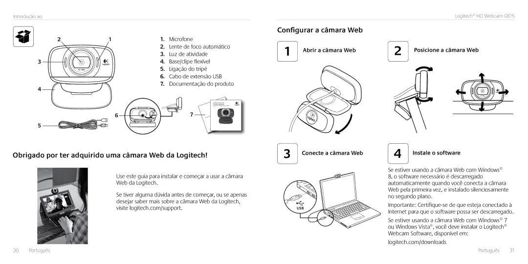 Logitech C615 manual Obrigado por ter adquirido uma câmara Web da Logitech 