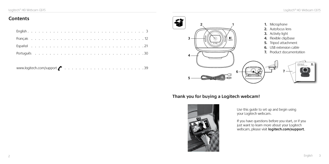 Logitech C615 manual Contents 